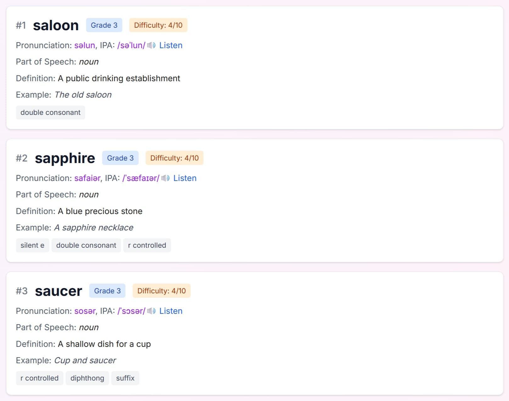 Generated spelling bee word list showing words with pronunciations, definitions, and download options