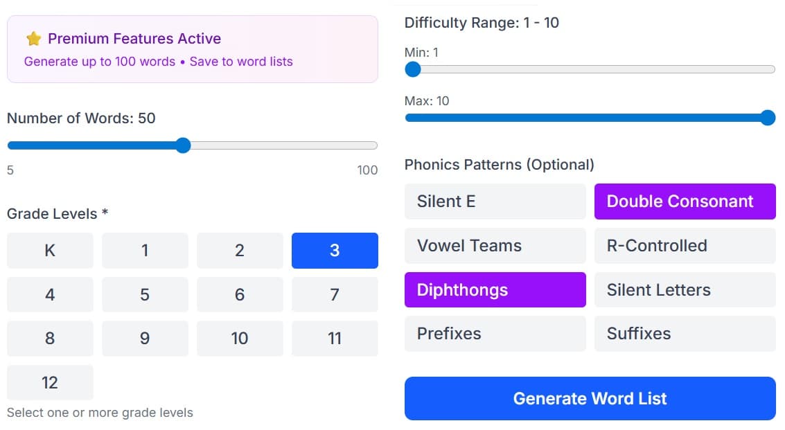 Spelling bee word generator interface showing grade level selection, difficulty range, and phonics pattern filters