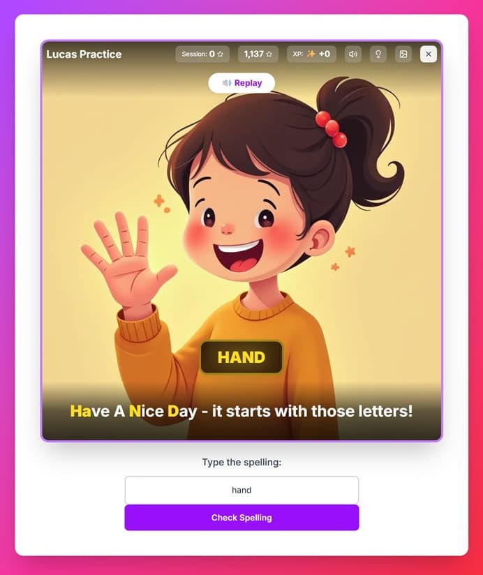SpellCrush practice session for the word HAND — an AI-generated image of a cartoon girl raising her hand is shown full-screen, with the mnemonic hint Have A Nice Day displayed below