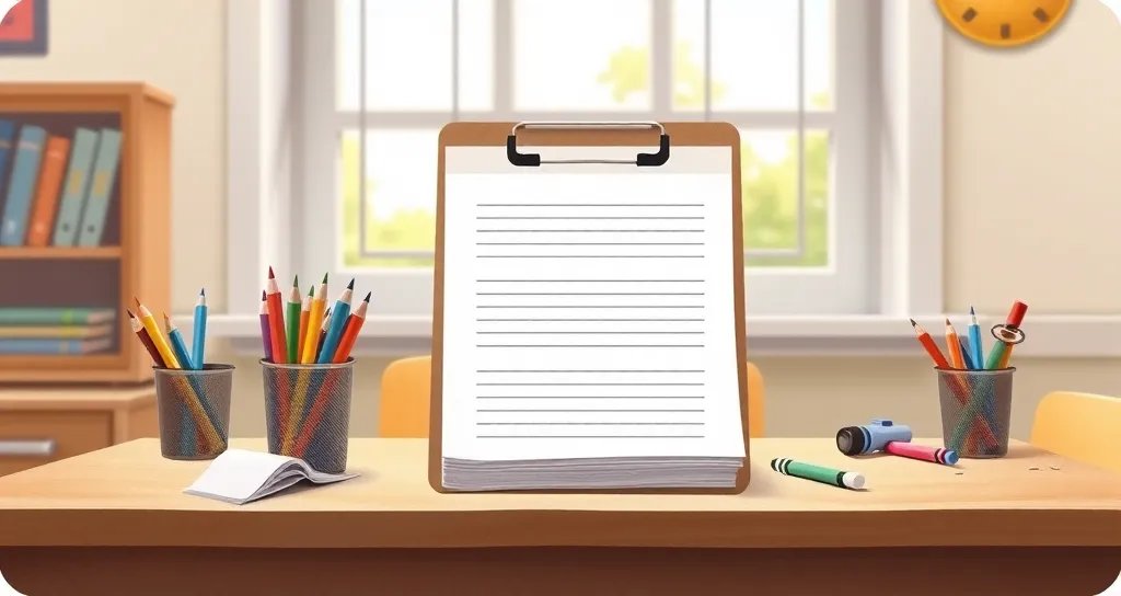 Illustration of a clipboard of blank lined worksheets between cups of colored pencils on a classroom desk