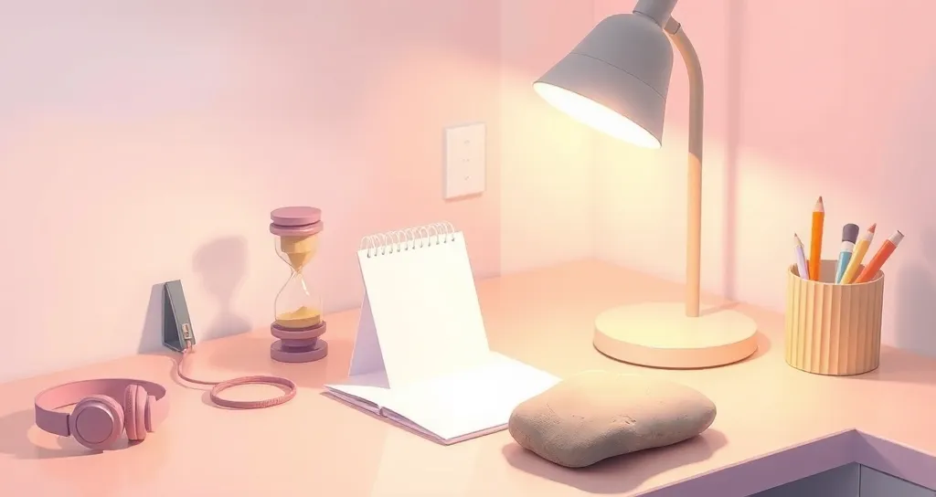 Illustration of a calm desk corner with a lamp, a sand timer, headphones, a smooth stone and a blank notepad