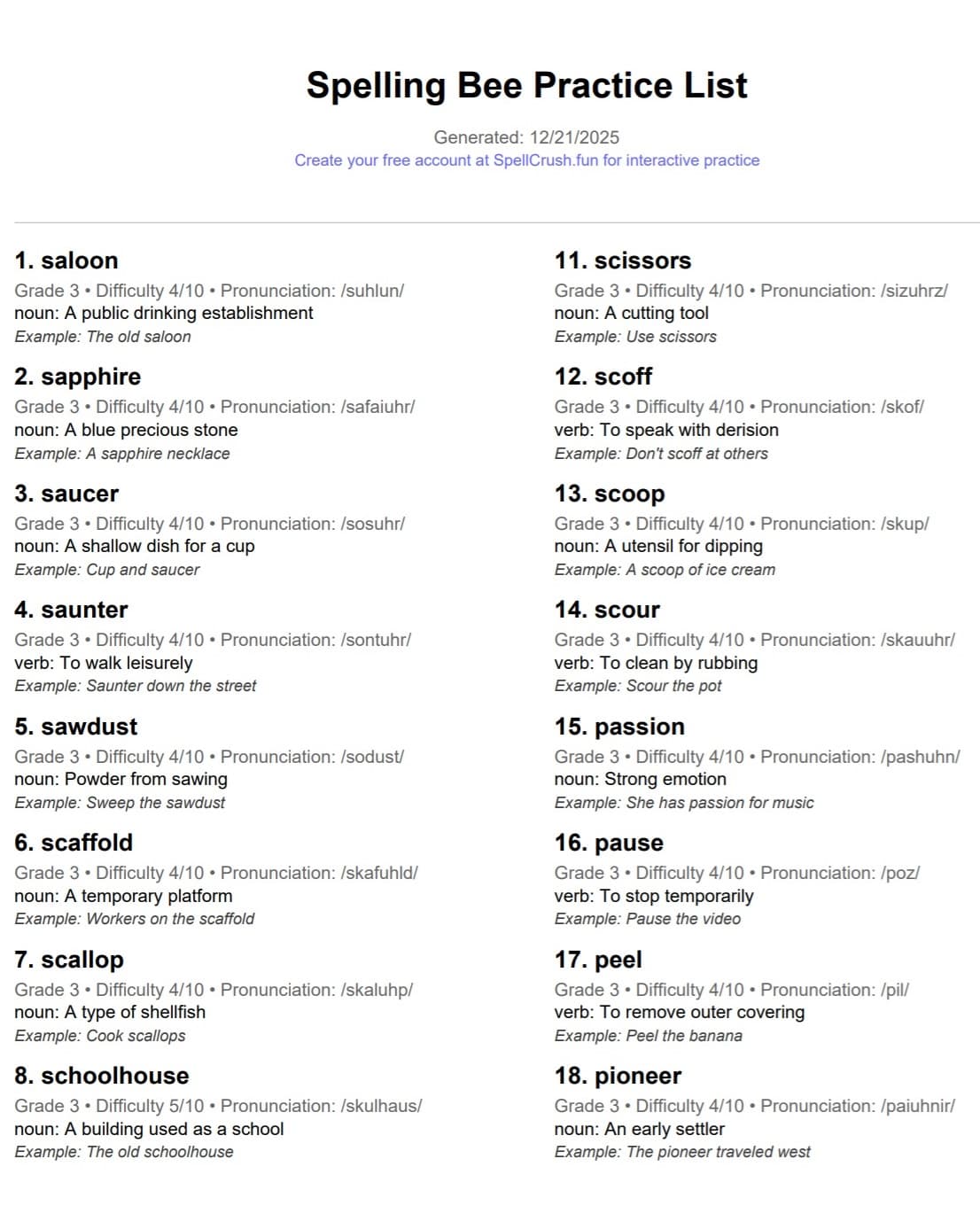 Sample PDF showing two-column word list layout with detailed information for each word
