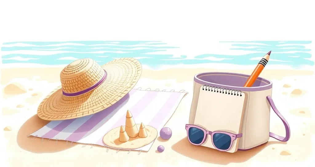 Illustration of a beach towel, a straw sun hat, a little sandcastle and a beach bag holding a notebook and pencil