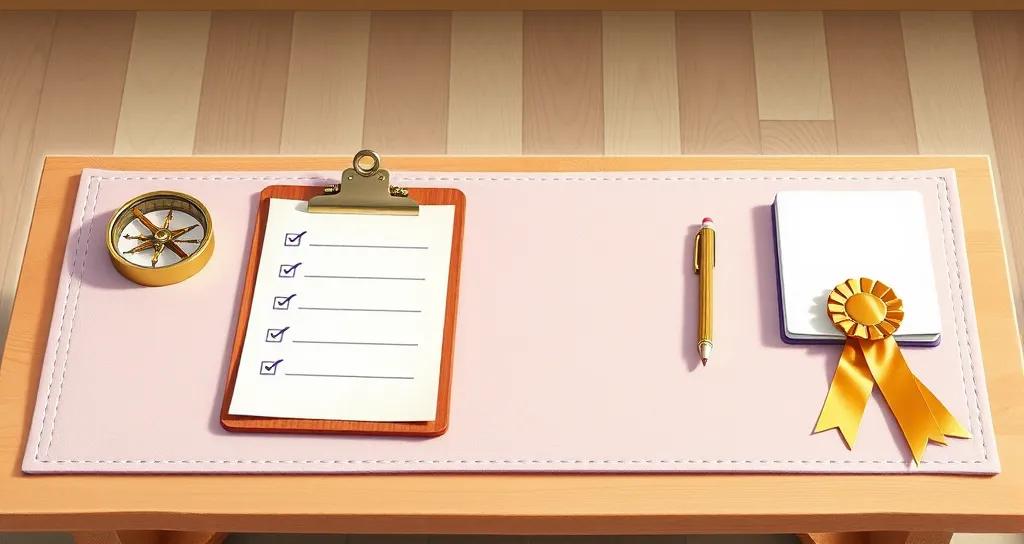 Illustration of a desk mat with a compass, a checklist on a clipboard, a pencil and a gold rosette ribbon