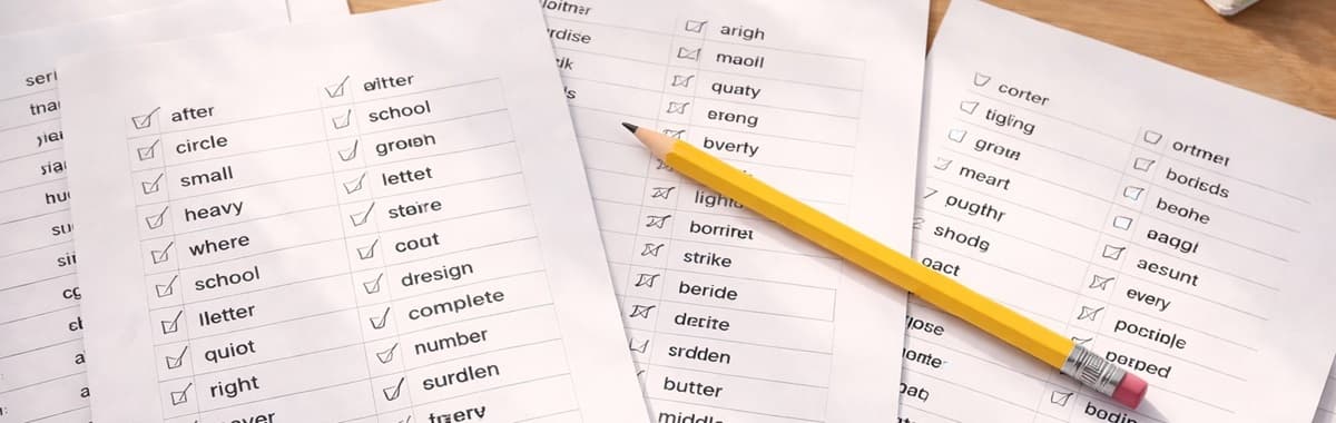 Printed spelling word lists arranged on a desk