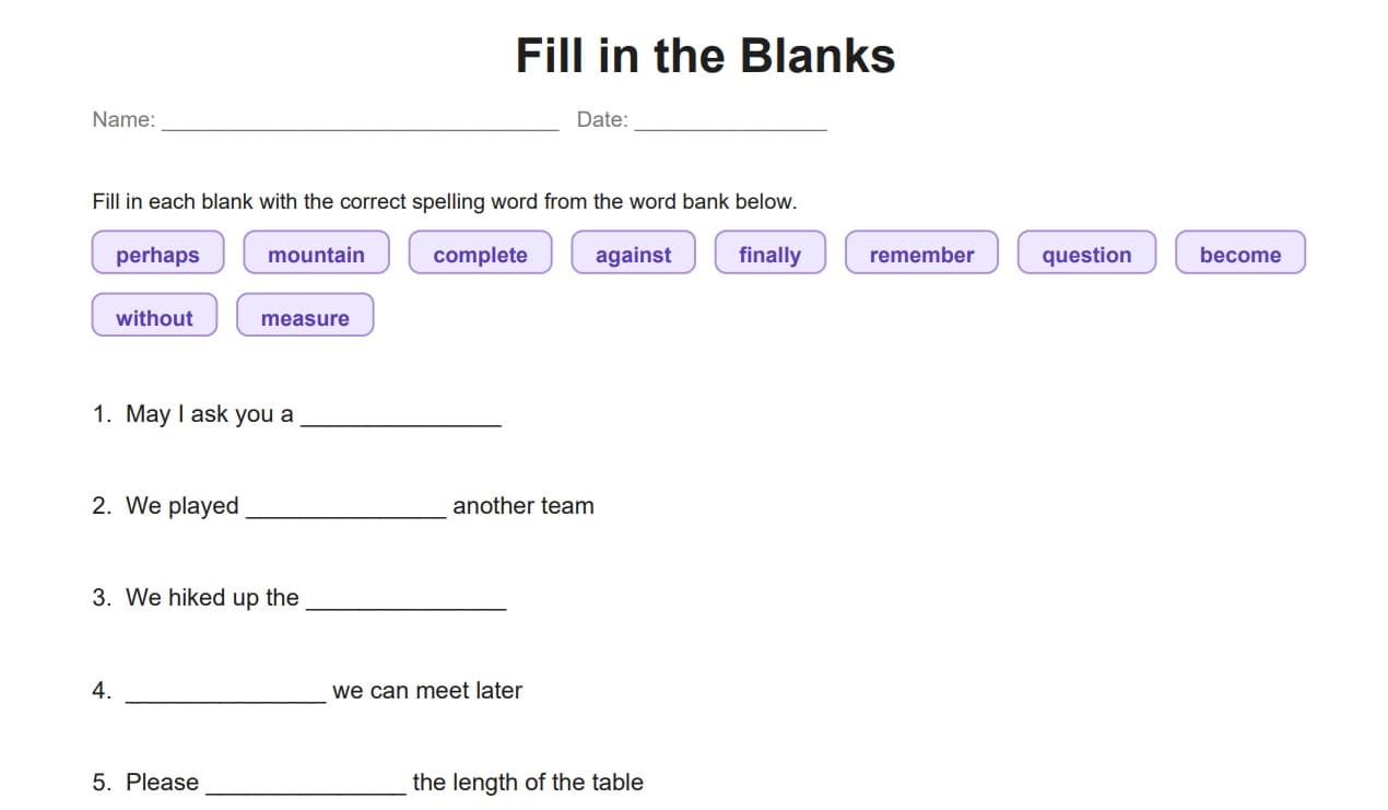 Fill in the blanks spelling worksheet with example sentences