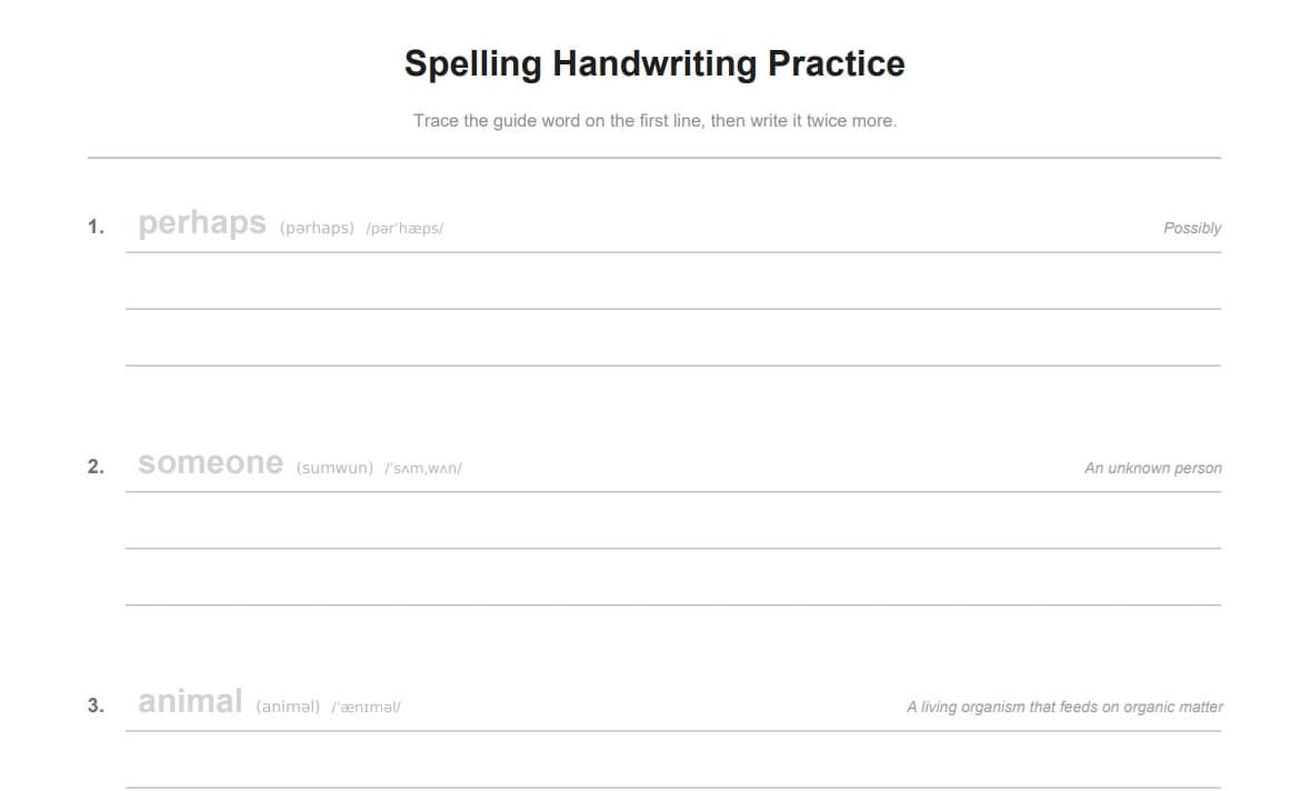 Spelling handwriting practice worksheet with dotted trace guide and ruled lines