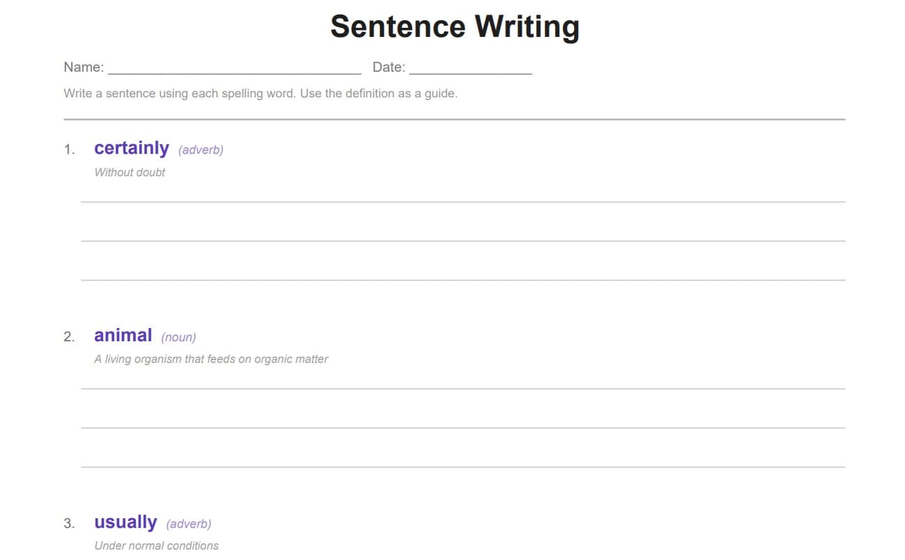 Sentence writing spelling worksheet with part of speech prompt and ruled lines