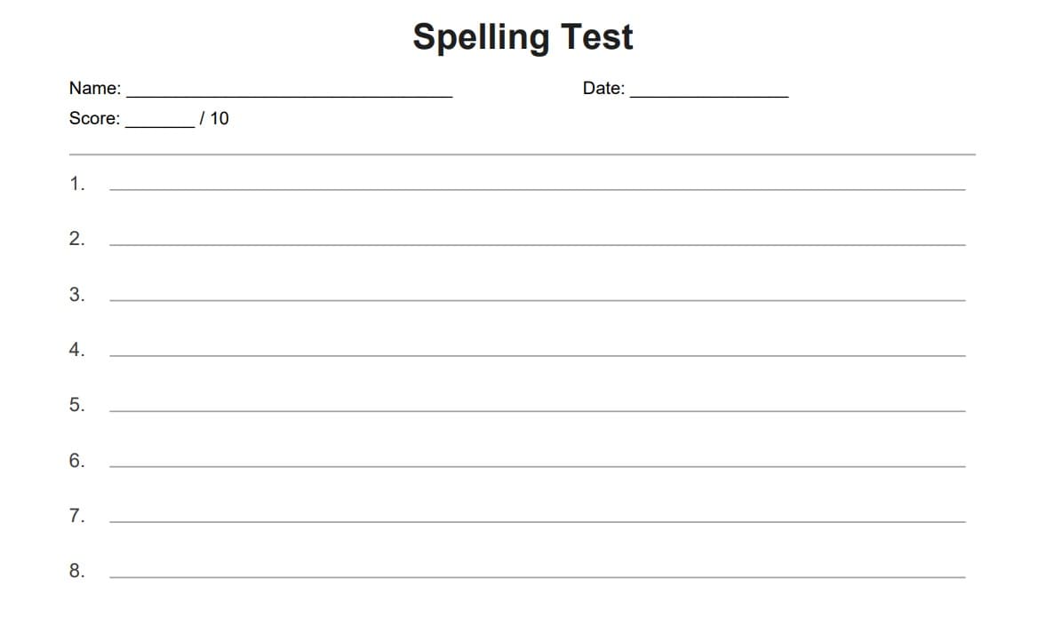 Printable spelling test sheet with numbered answer lines and word bank
