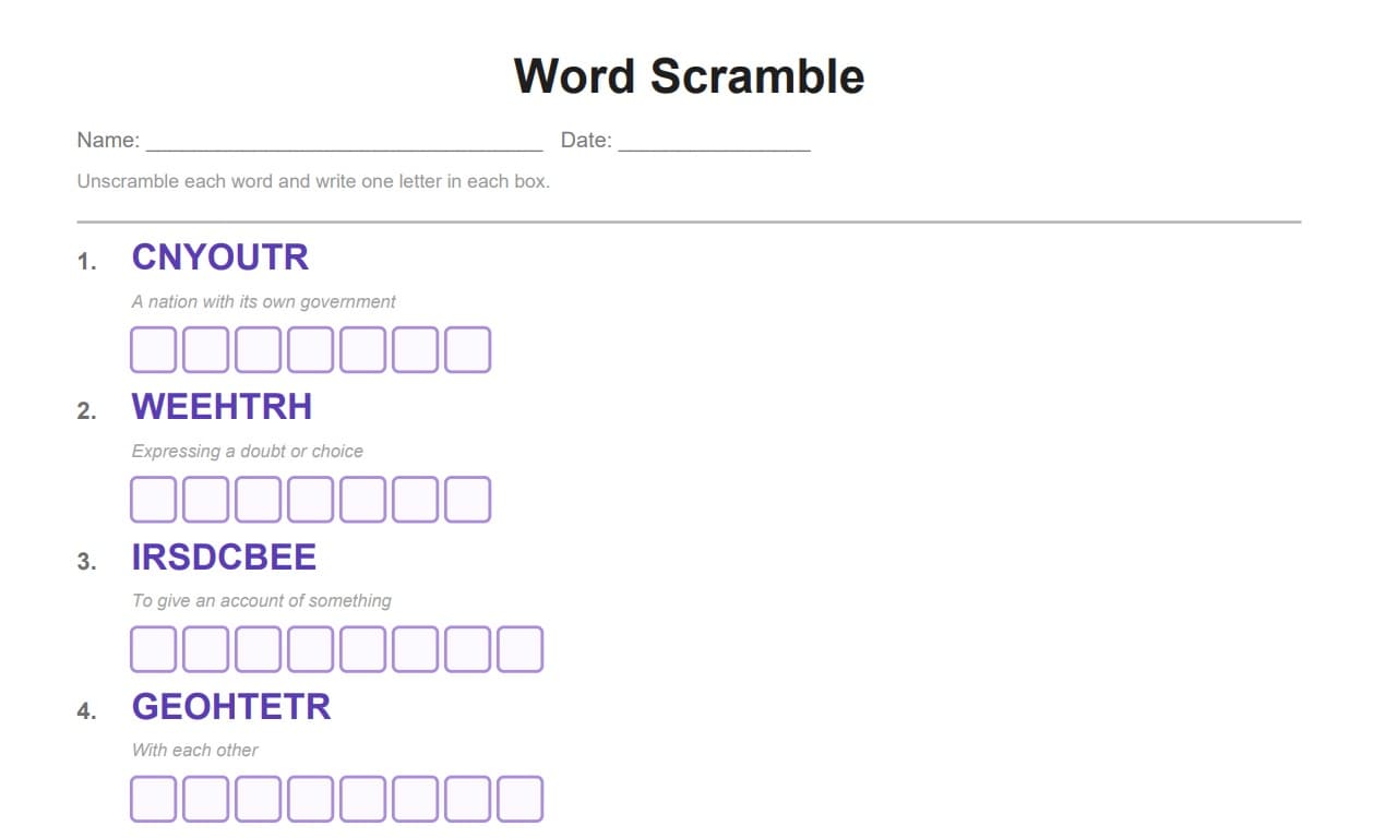 Spelling word scramble worksheet with letter boxes and definition clue