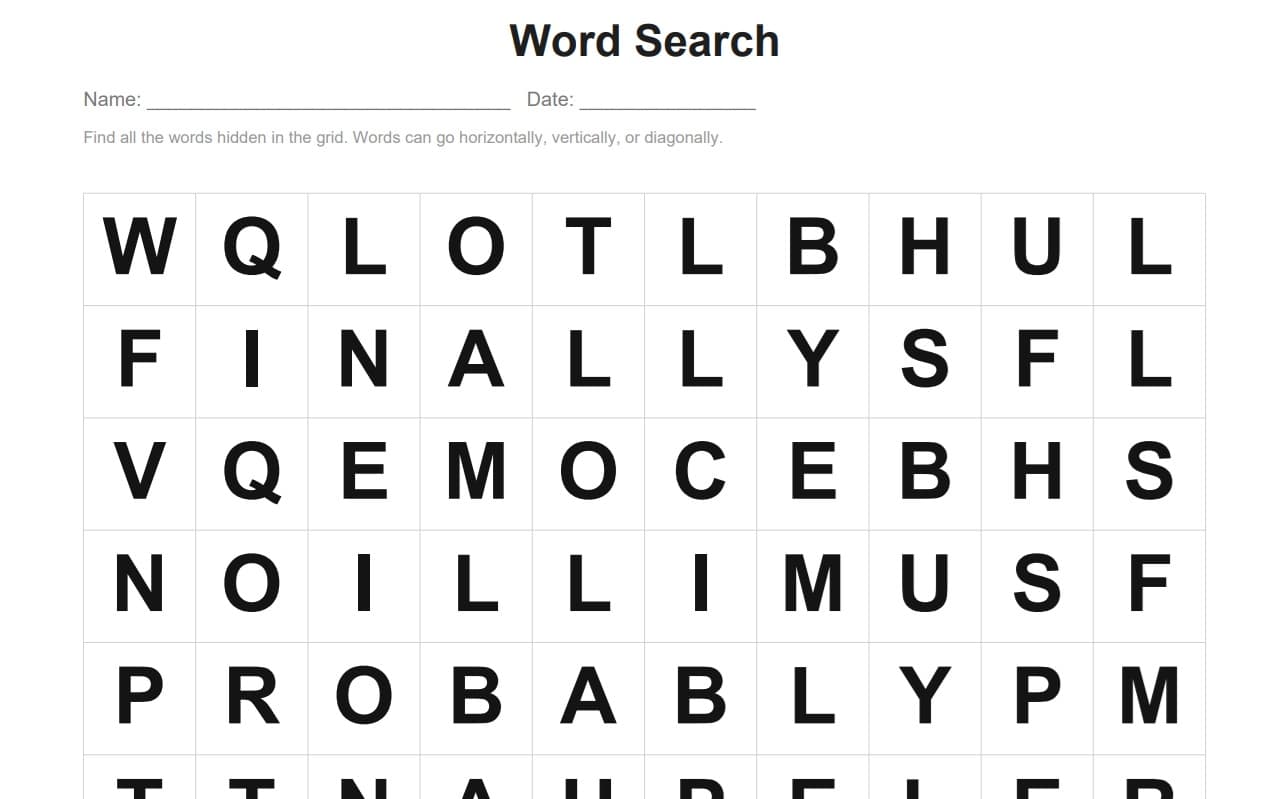 Spelling word search puzzle with word list and answer key