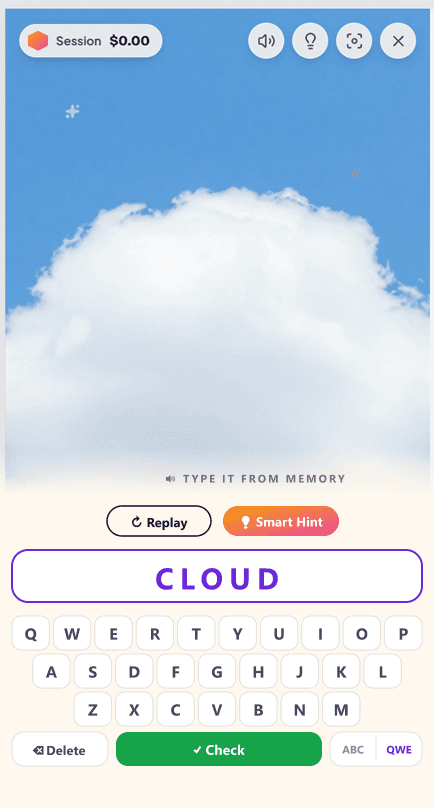 Learning Mode screen 2: the word is hidden and the child types CLOUD from memory on the on-screen keyboard, with Replay and Smart Hint buttons available.