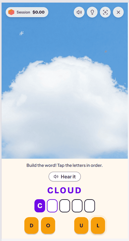 Learning Mode screen 1: the word CLOUD is shown above letter tiles, and the child taps the letters in order to build the correct spelling.