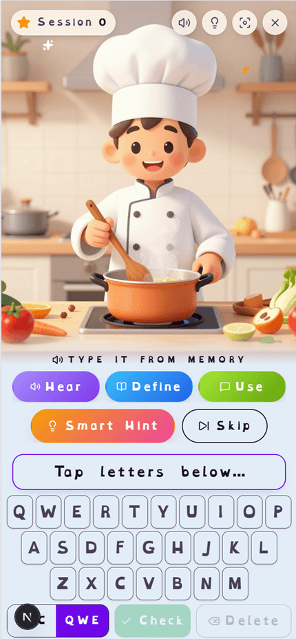 SpellCrush practice screen with OpenDyslexic font and reading-comfort settings turned on