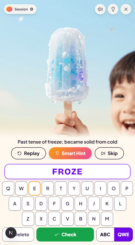 Standard SpellCrush practice screen: the session header, word image, definition, and Replay, Smart Hint, and Skip buttons are all visible while the child types FROZE.
