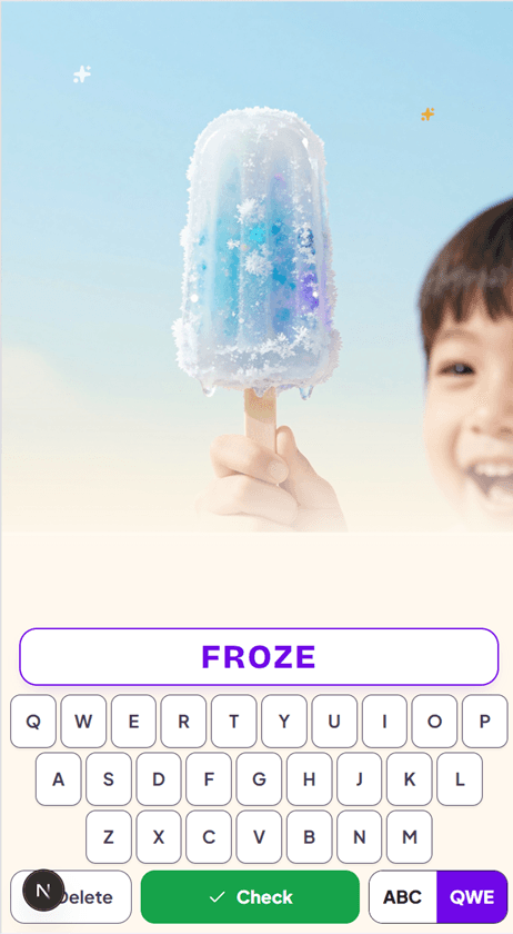 The same SpellCrush practice screen with Learning Support on: as the child types FROZE, the header, definition, and action buttons have faded away, leaving just the word image and the input field.