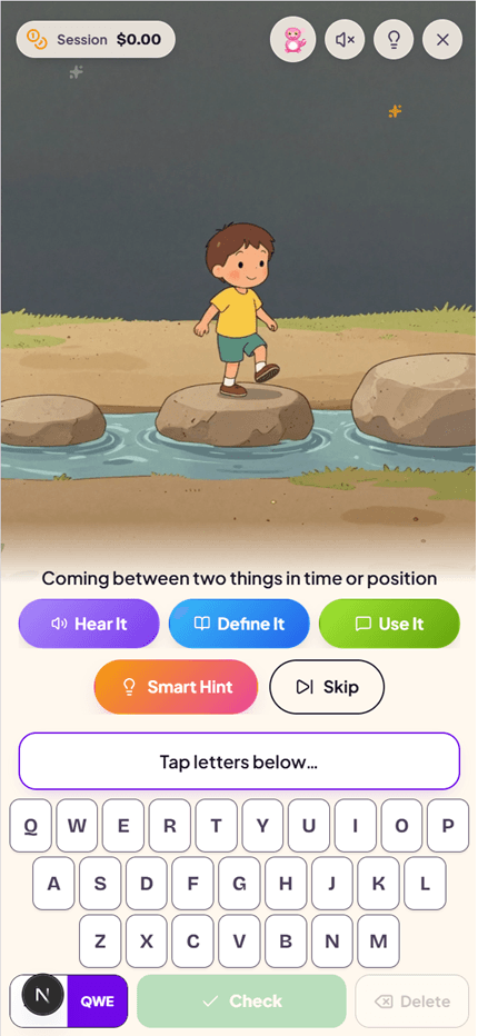 SpellCrush practice screen with standard reading settings
