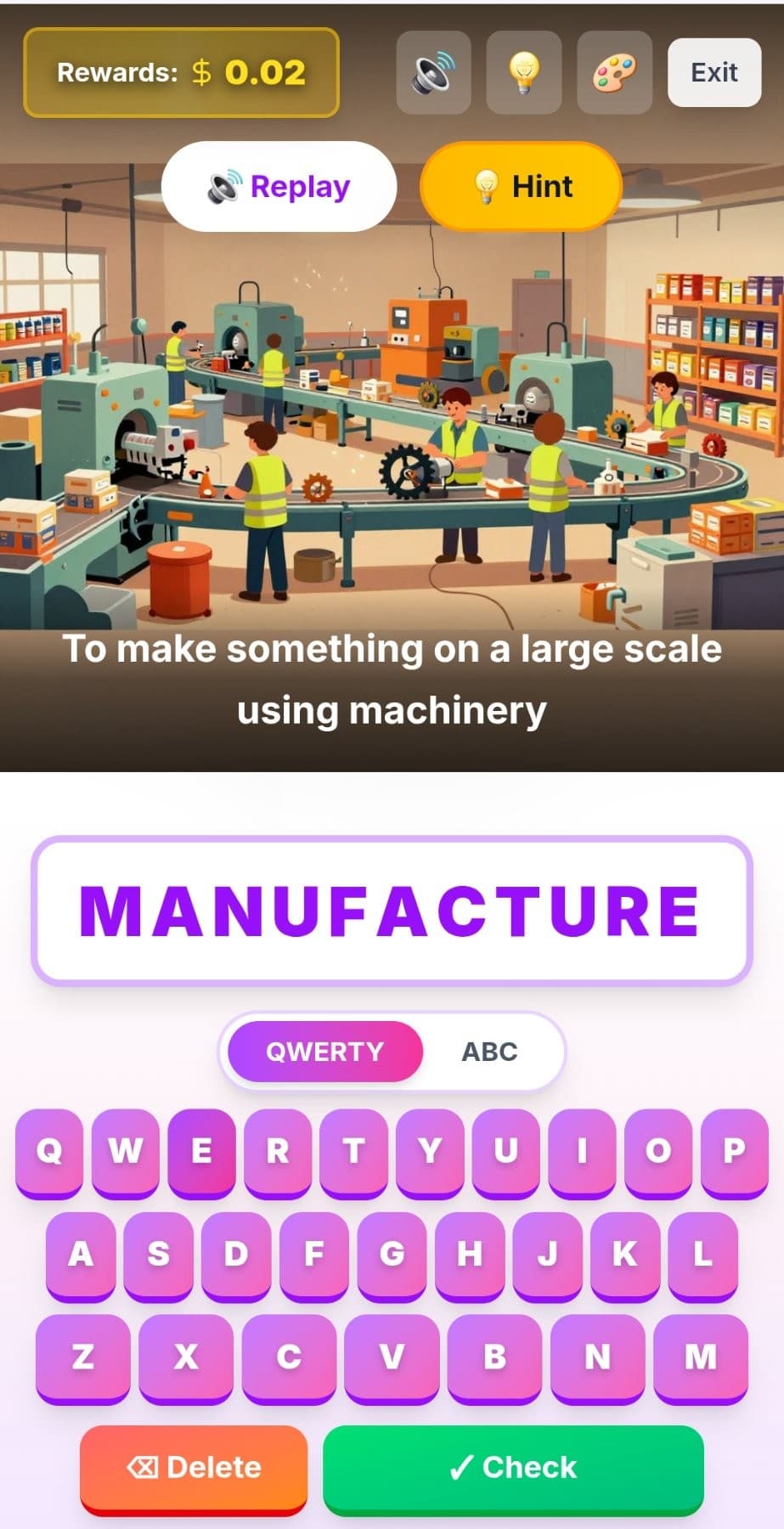 SpellCrush practice session — older kids spelling MANUFACTURE with AI image aid