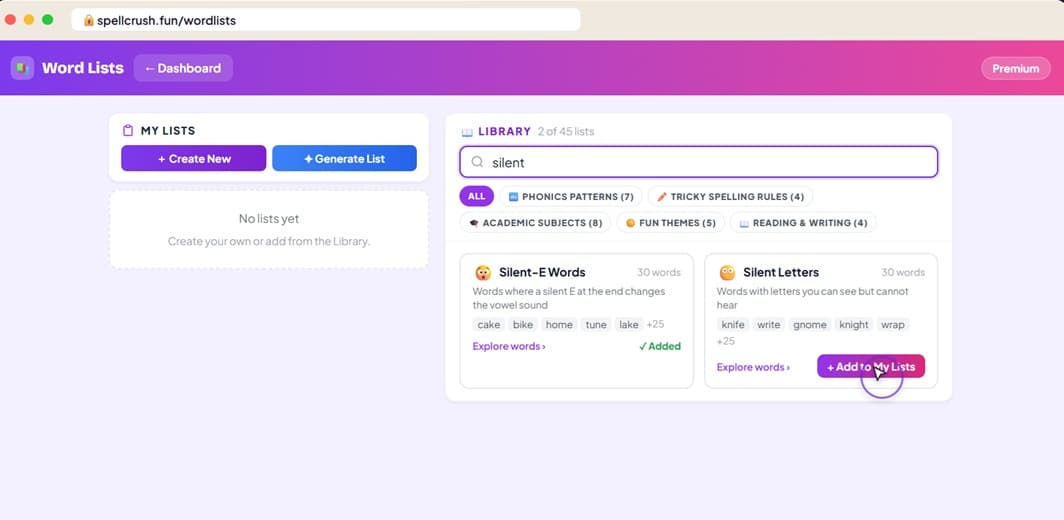 SpellCrush word list library search