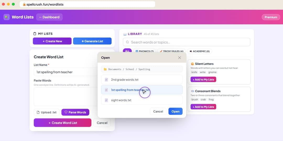 SpellCrush custom word list editor