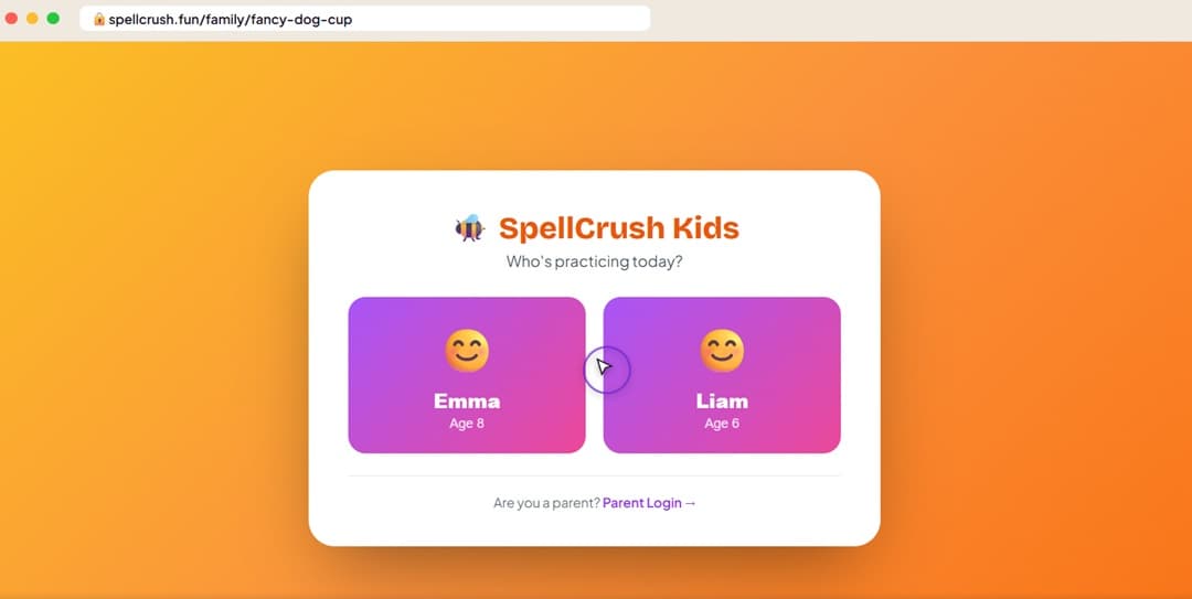 SpellCrush family login PIN screen