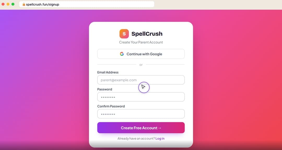 SpellCrush sign up screen