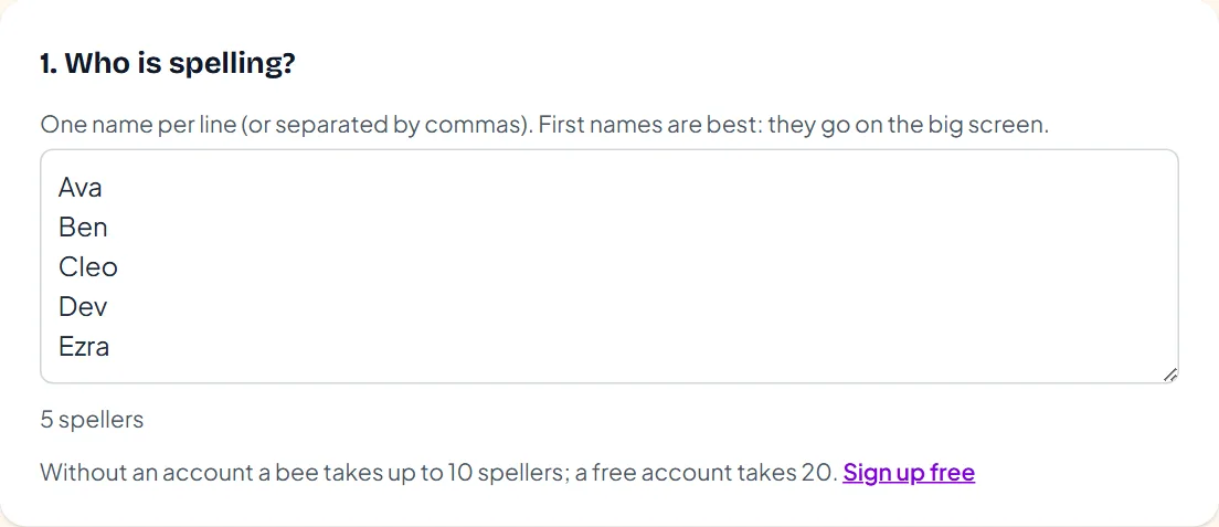 Class spelling bee setup: typing the spellers' first names, one per line