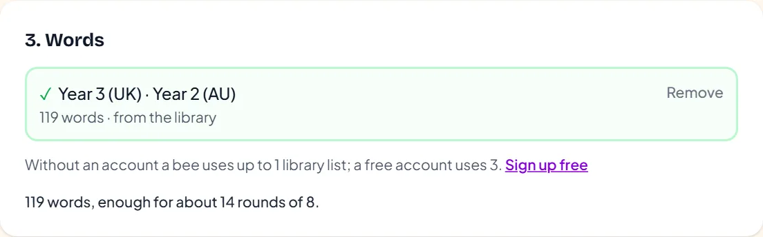 A Year 3 spelling list picked from the library, with how many rounds its words will last