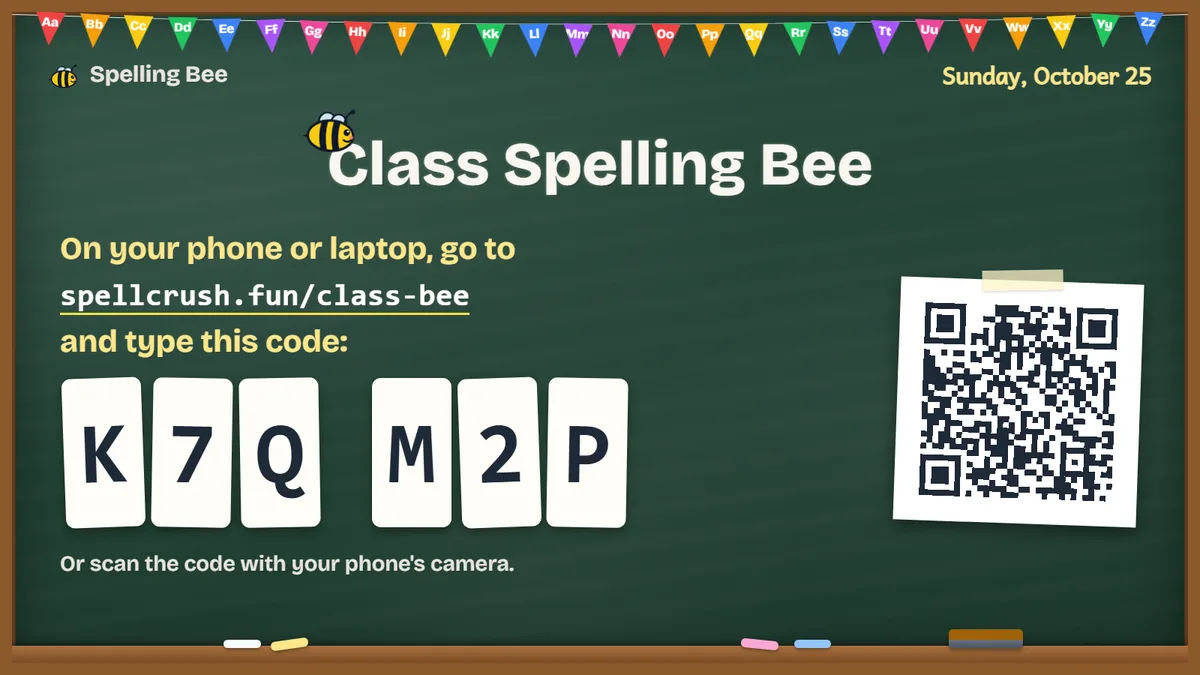 The spelling bee board on a classroom smartboard, showing a six-letter code and a QR code to connect a phone