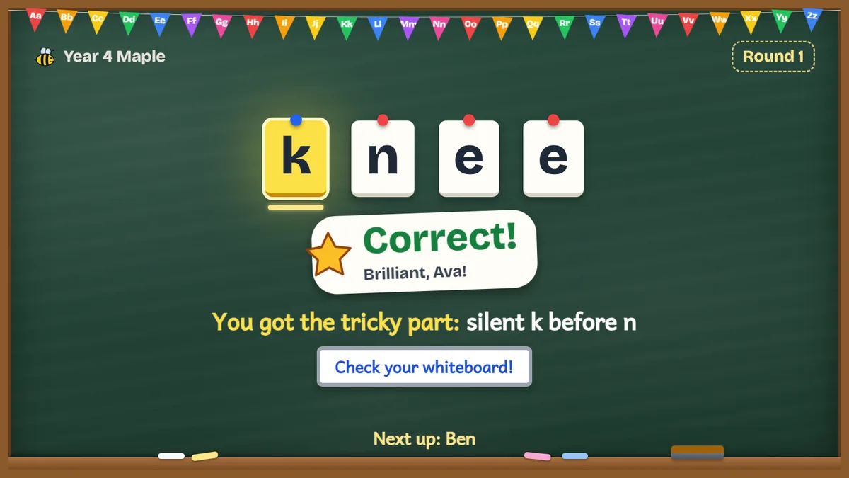 The spelling bee board after a correct answer: the word knee in letter tiles, Correct!, and its tricky part, silent k before n