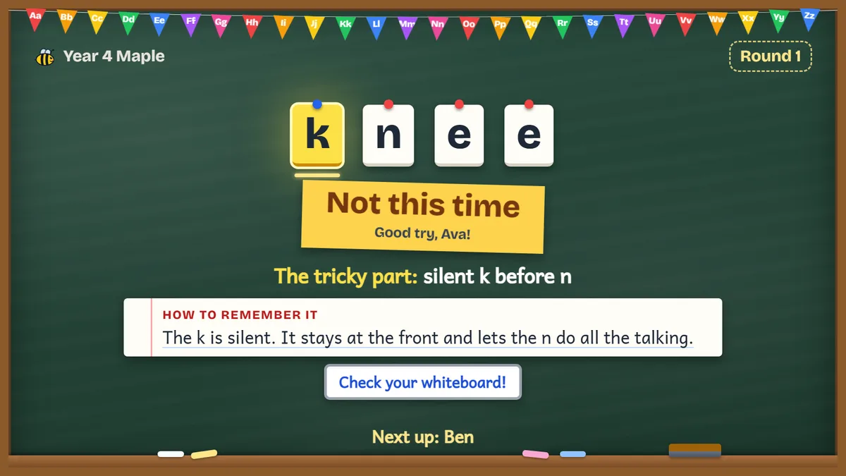 The spelling bee board after a miss: the right spelling, Not this time, good try, and a tip for remembering the tricky part