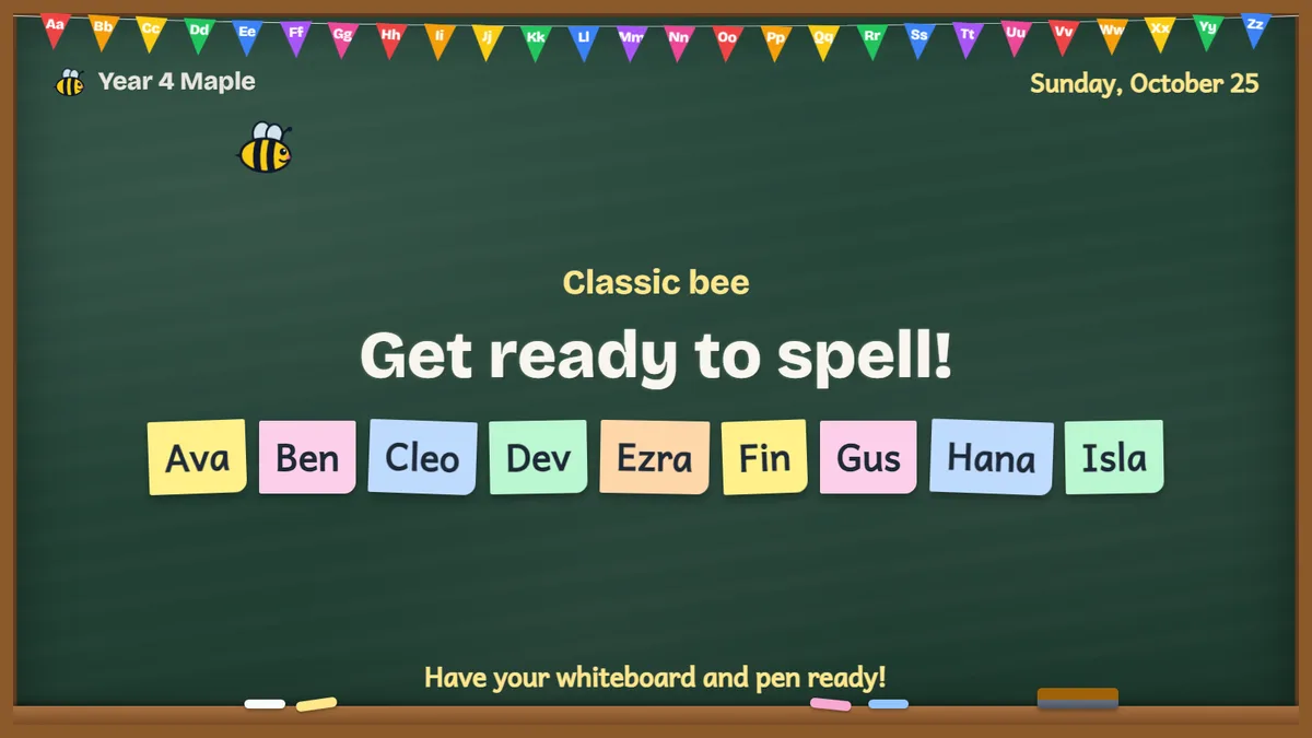 The spelling bee waiting room on the big screen: Get ready to spell! with every speller's name