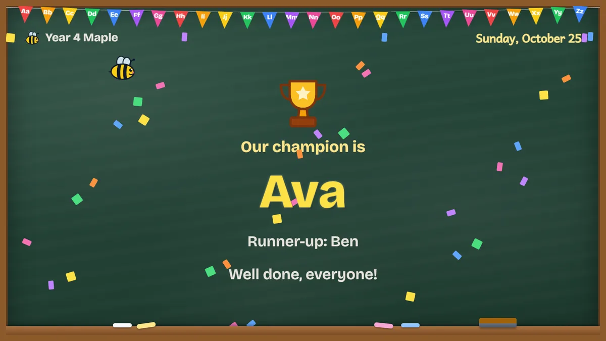 The end of a classroom spelling bee: a trophy, the champion's name, the runner-up and confetti