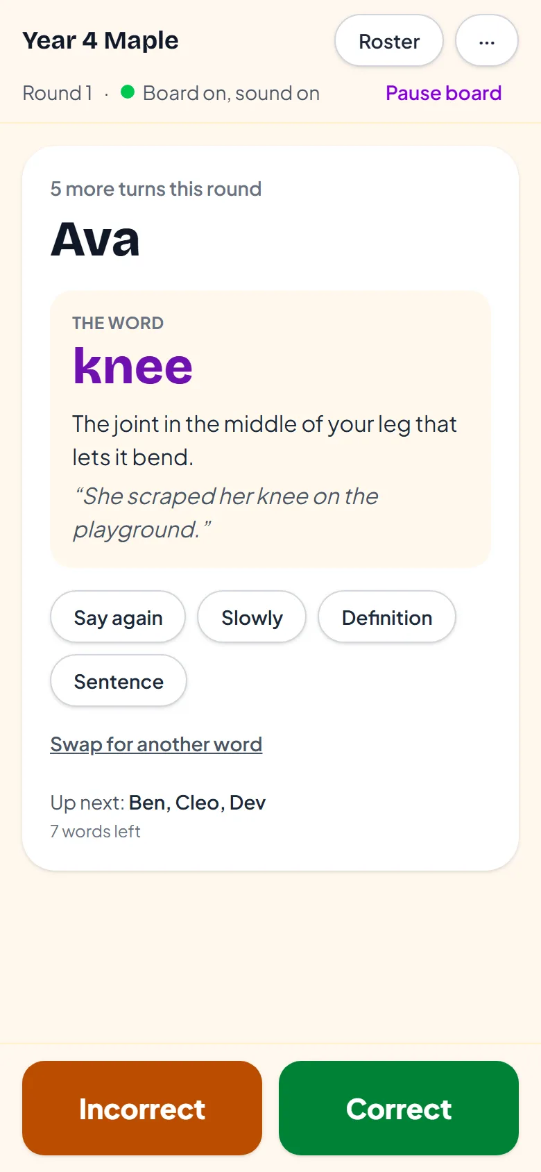 The teacher's phone during a spelling bee: the speller's name, the word with its meaning and sentence, and Correct and Incorrect buttons