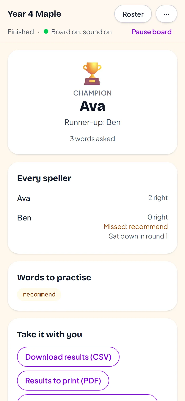 Spelling bee results on the teacher's phone: the champion, every speller's score, the missed words and downloads
