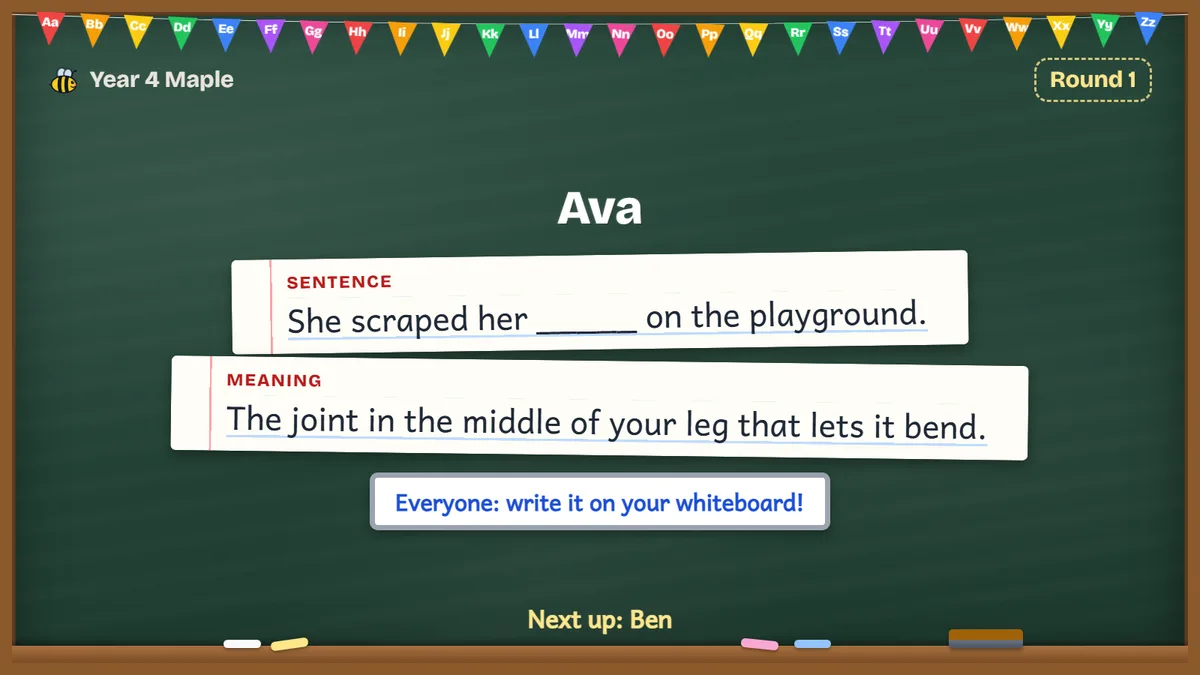 The spelling bee board while a child spells: their name, the sentence with the word blanked out, its meaning, and a write-along reminder